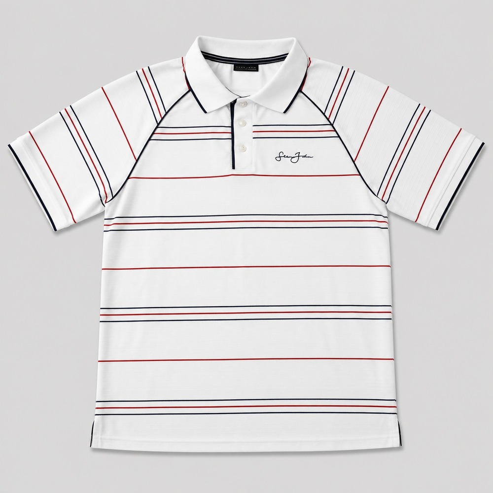 Sean John Polo Shirt Mens Large White Striped Performance Golf Short Sleeve